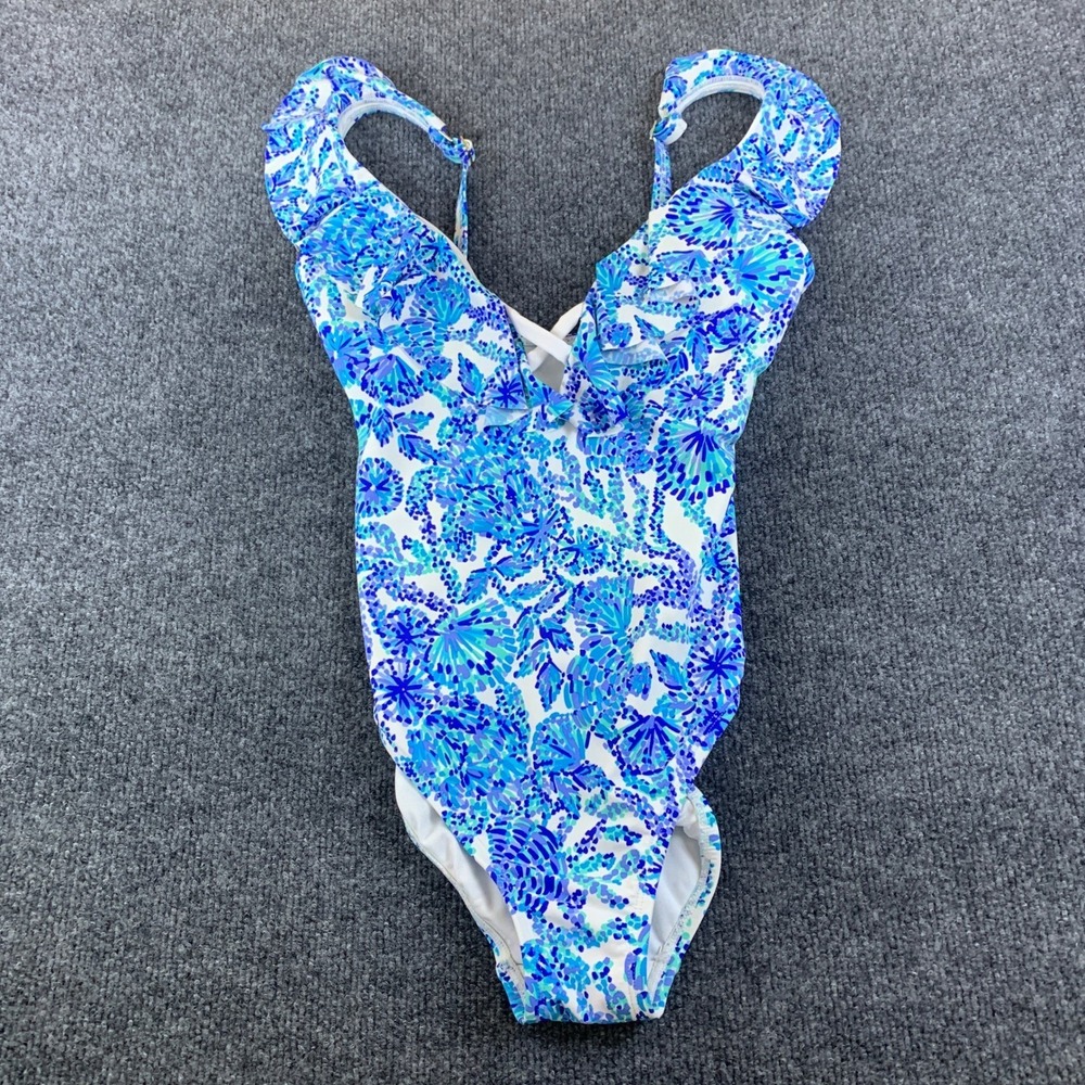 Lilly Pulitzer Blue Seashell Ruffle V-Neck‎ One Piece Swimsuit Women's 2 READ
